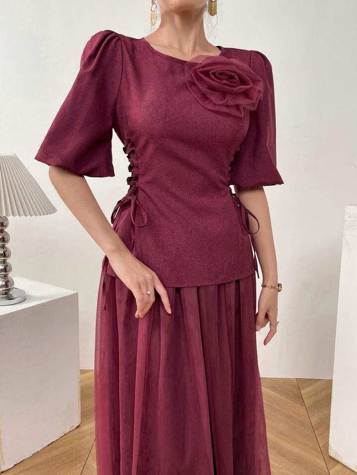 CM-SS173870 Women Casual Seoul Style Round Neck Applique Lace-Up Blouse With Long Skirt - Set