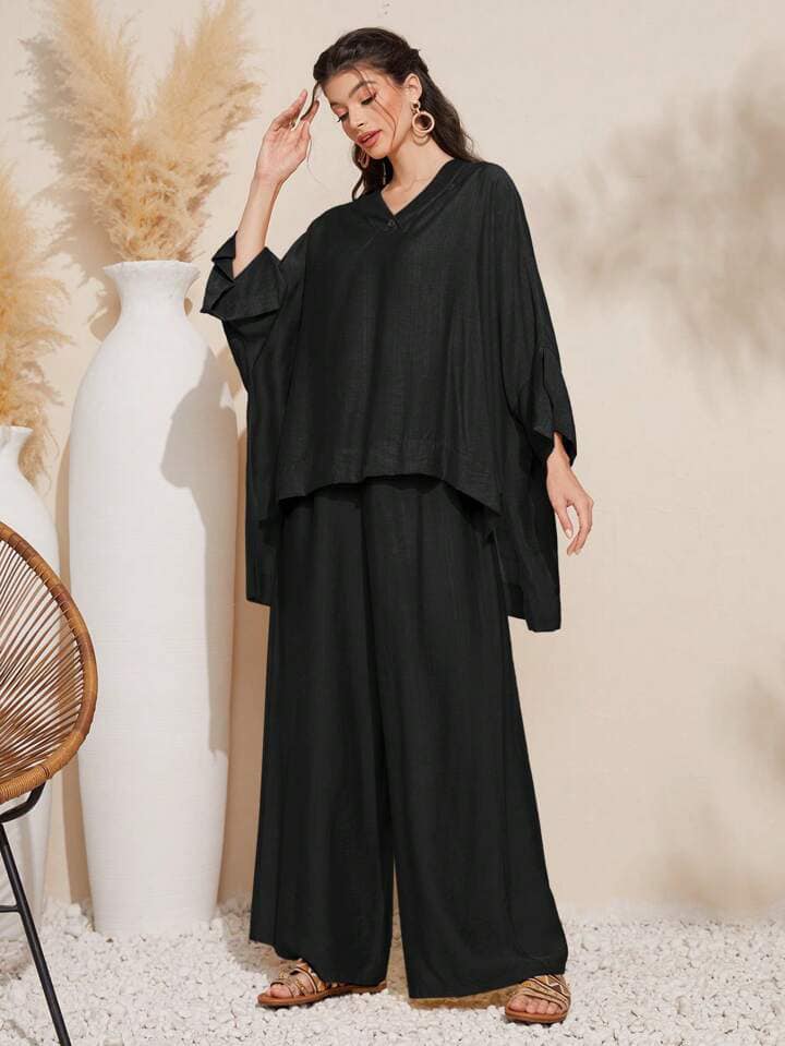 CM-SS453211 Women Trendy Bohemian Style Solid Color Batwing Sleeve Oversized Shirt With Wide Leg Pants - Set