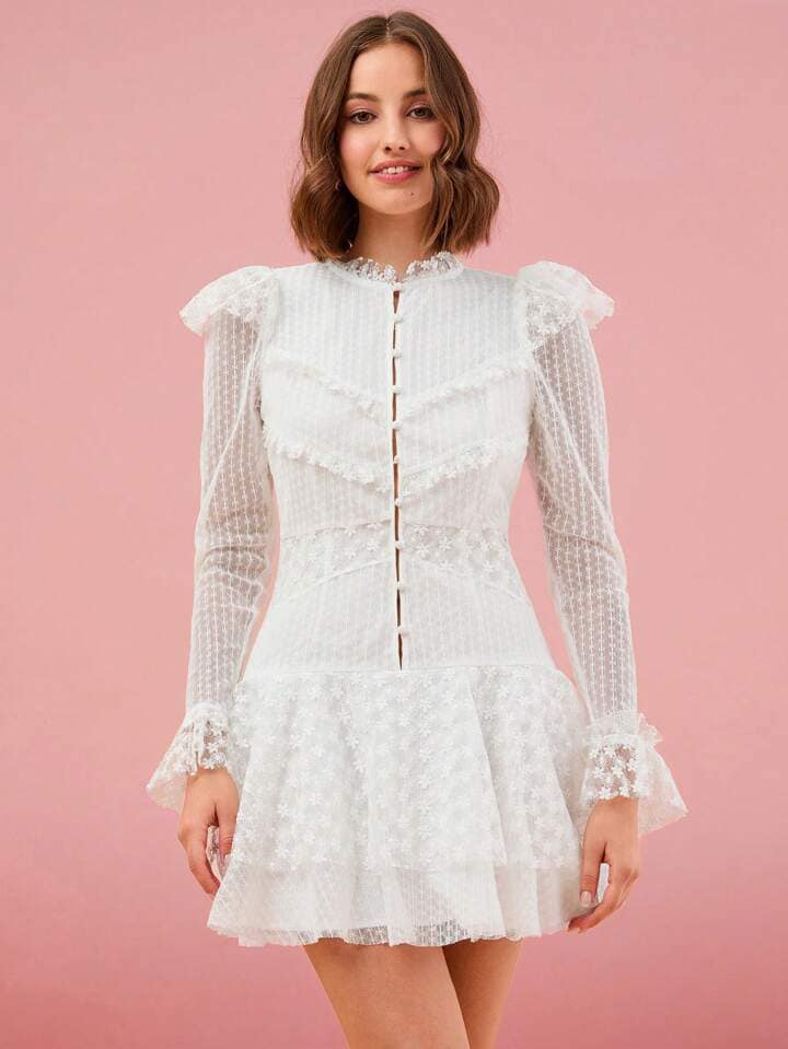 CM-DS228868 Women Elegant Seoul Style Stand Collar Long Sleeve A-Line Mini Dress - White
