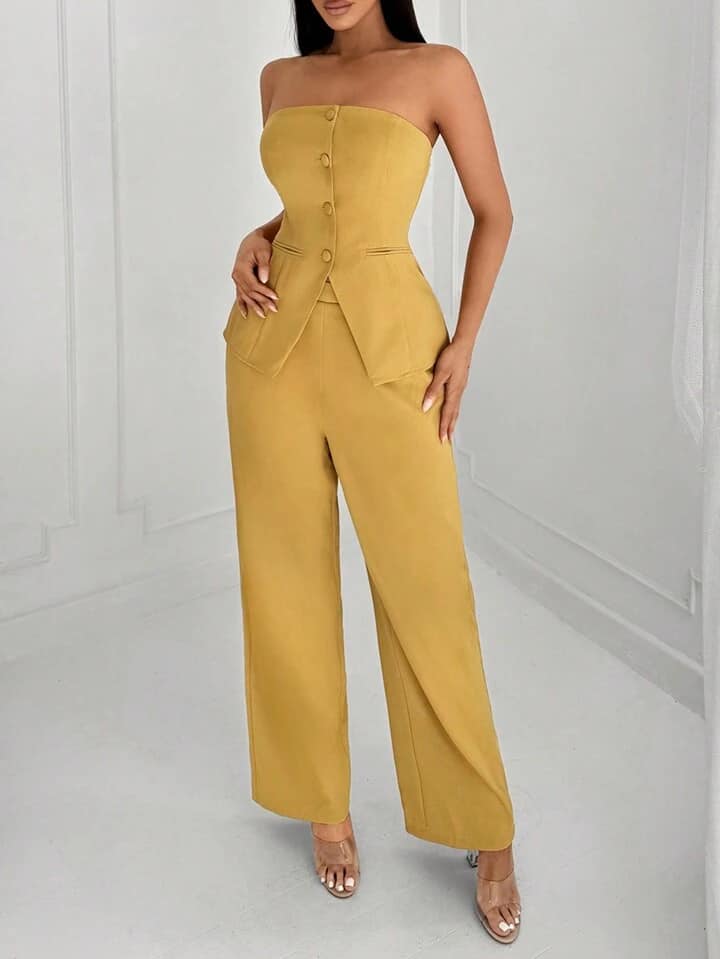 CM-SS797073 Women Elegant Soeul Style Off-Shoulder Suit-Style Top With Straight-Leg Pants - Set