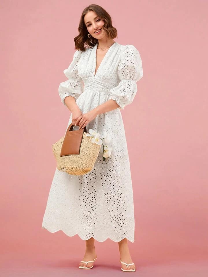 CM-DS052662 Women Elegant Seoul Style Solid Color Hollow Out Embroidery Puff Sleeve Dress - White