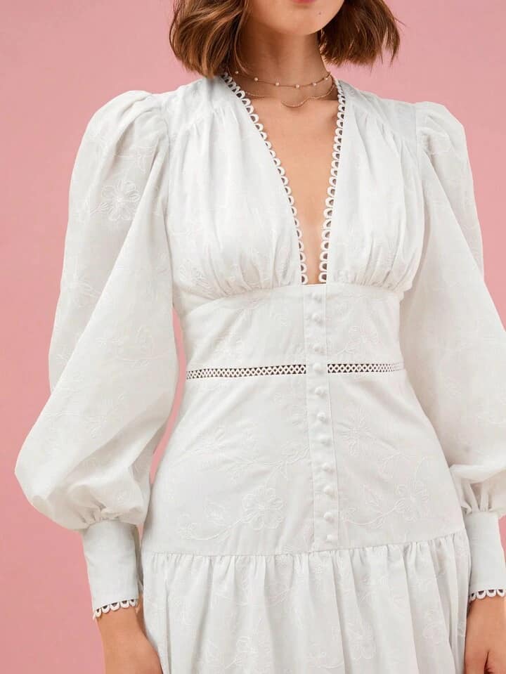 CM-DS463337 Women Elegant Seoul Style Plunging Neck Lantern Sleeve Ruffle Hem Dress - White