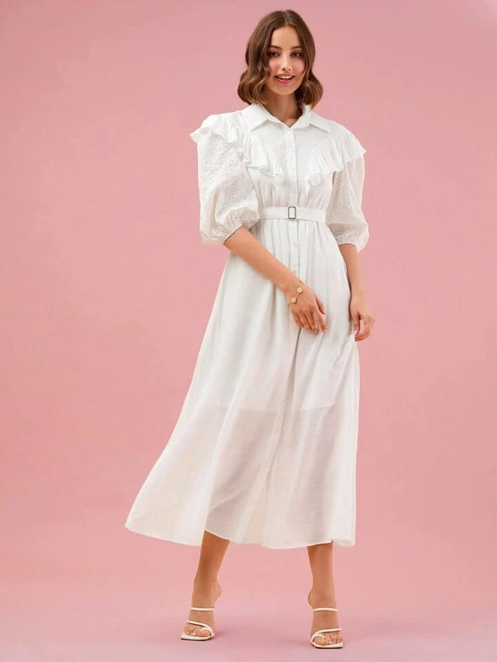 CM-DS333013 Women Elegant Seoul Style Ruffle Trim Lantern Sleeve Belted Shirt Dress - White