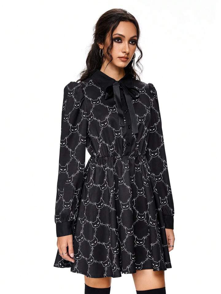 CM-DS821592 Women Elegant Seoul Style Cat-Head Thorns Print Lantern Sleeve Shirt Collar A-Line Dress