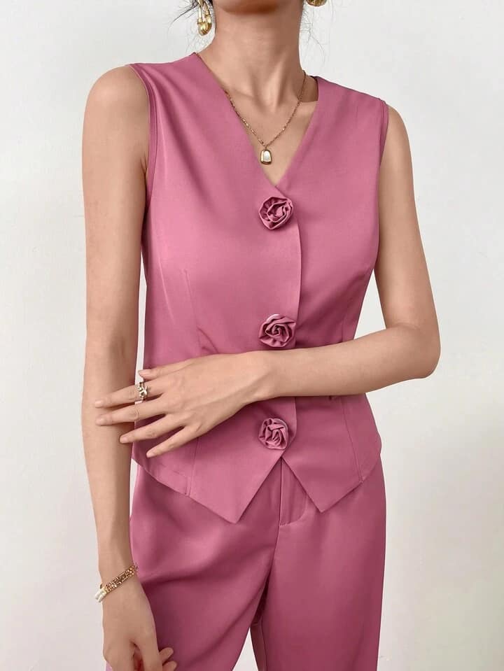 CM-SS185801 Women Elegant Seoul Style Solid Color Sleeveless Top With Long Pants Suit - Hot Pink