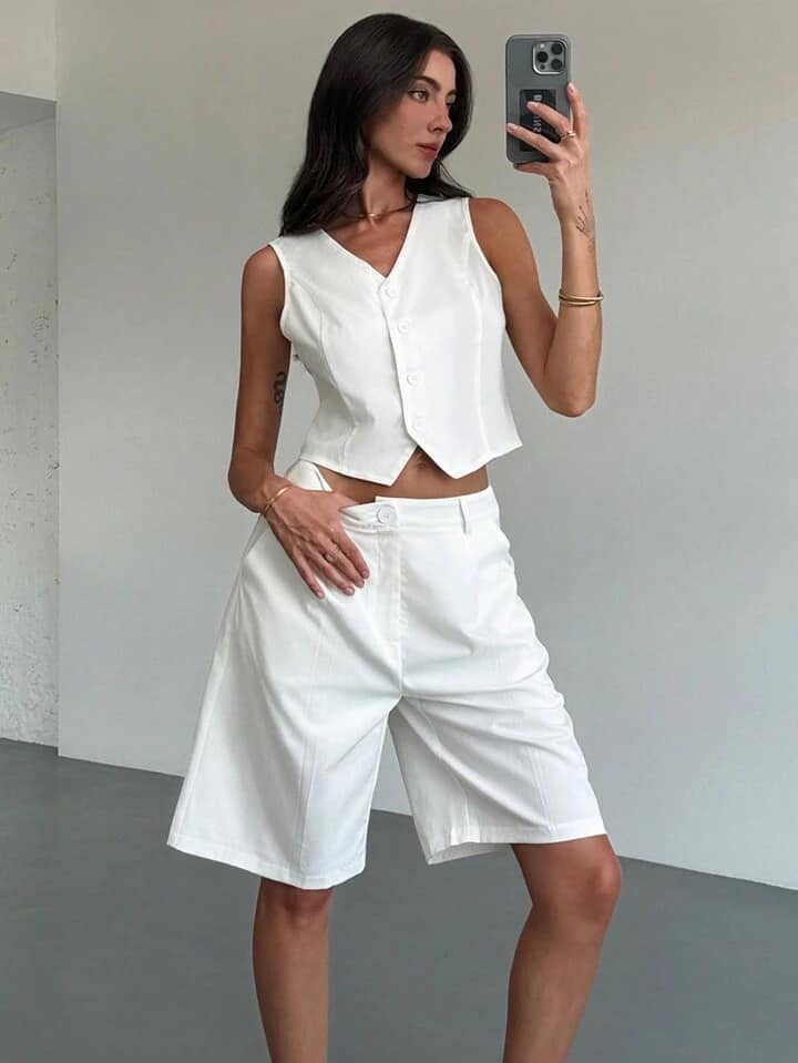 CM-SS312875 Women Casual Seoul Style Sleeveless Button-Up Vest With Pocket Decorated Wide-Leg Shorts - Set