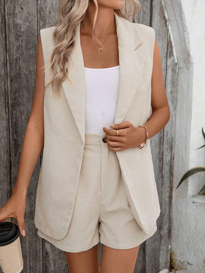 CM-SS231753 Women Elegant Seoul Style Corduroy Lapel Neckline Sleeveless Vest With Shorts - Set