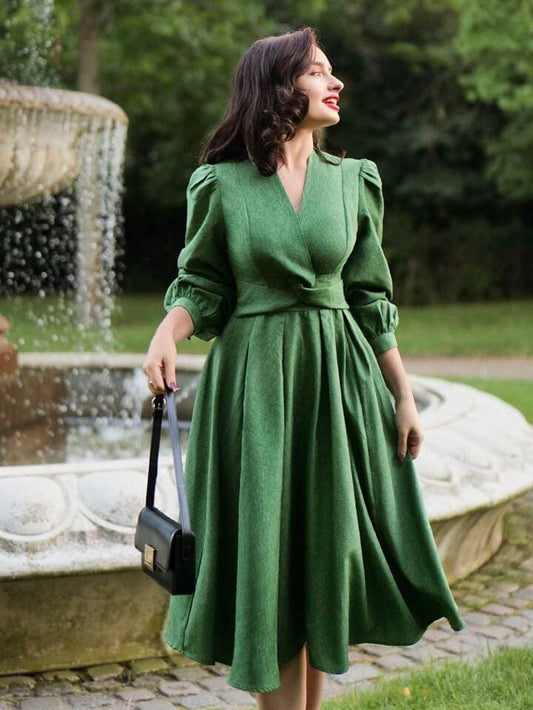 CM-DS422575 Women Elegant Seoul Style V-Neck Knot Puff Sleeve Long Sleeve A-Line Dress - Green