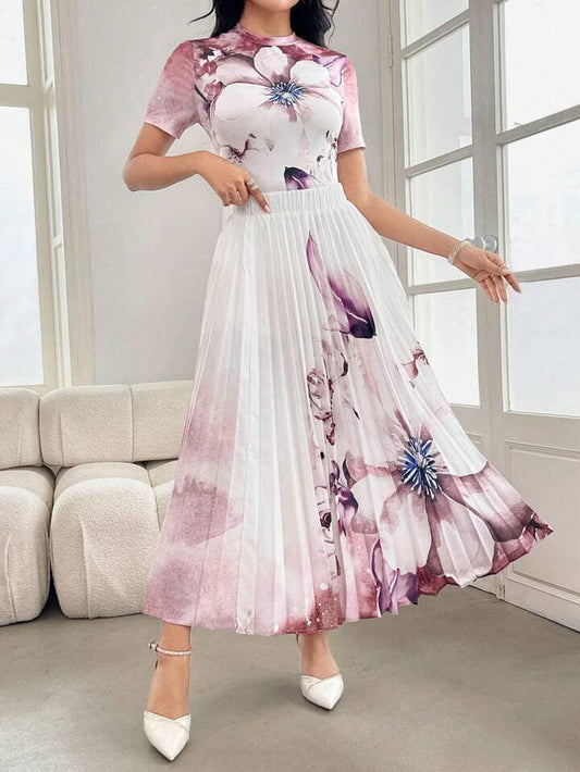 CM-SS644084 Women Casual Seoul Style Round Neck Short Sleeve Floral Print Top With High Waisted Pleated Skirt - Set