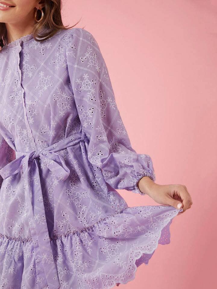 CM-DS323883 Women Elegant Seoul Style Embroidered Printed Dress With Belt Decoration - Mauve Purple
