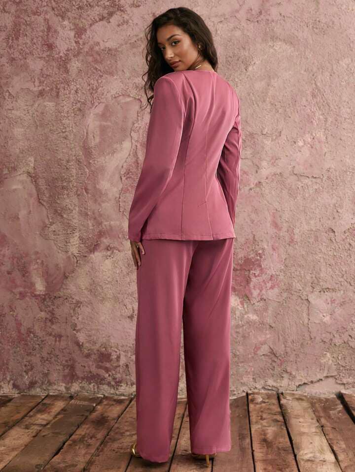 CM-SS757842 Women Elegant Seoul Style Solid Minimalist V-Neck Long Sleeve Blazer With Pants Suit - Set