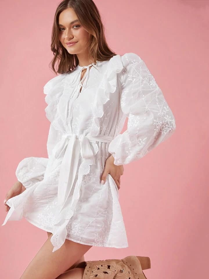 CM-DS001565 Women Elegant Seoul Style Tie Collar Lantern Sleeve Patchwork Ruffle Hem Mini Dress