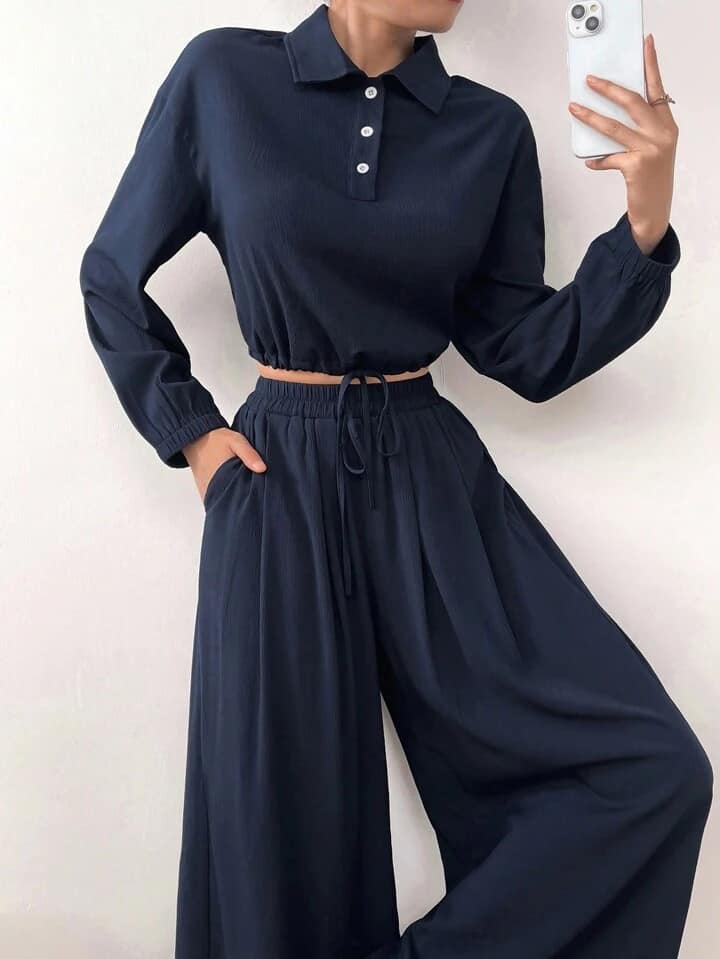 CM-SS399696 Women Casual Seoul Style Dropped Shoulder Long Sleeve Shirt With Elastic Waist Wide Leg Pants - Set