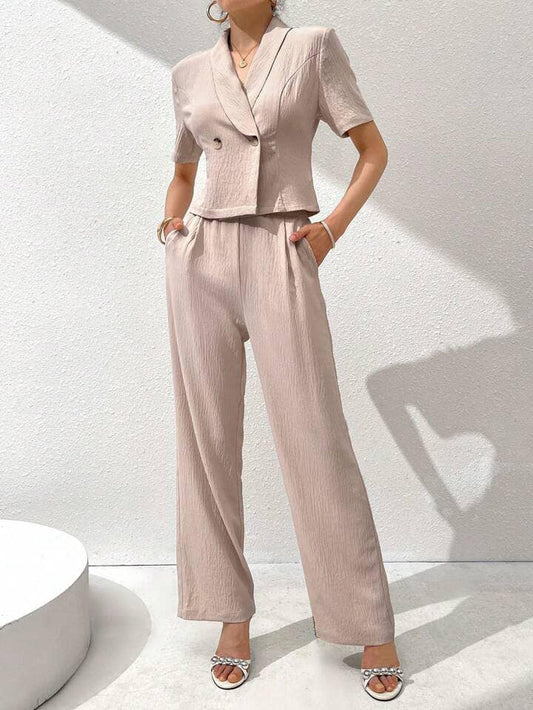 CM-SS209949 Women Casual Seoul Style Solid Color Lapel Short Sleeve Double-Breasted Top With Pleated Pants - Set