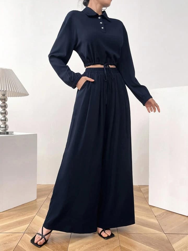 CM-SS399696 Women Casual Seoul Style Dropped Shoulder Long Sleeve Shirt With Elastic Waist Wide Leg Pants - Set