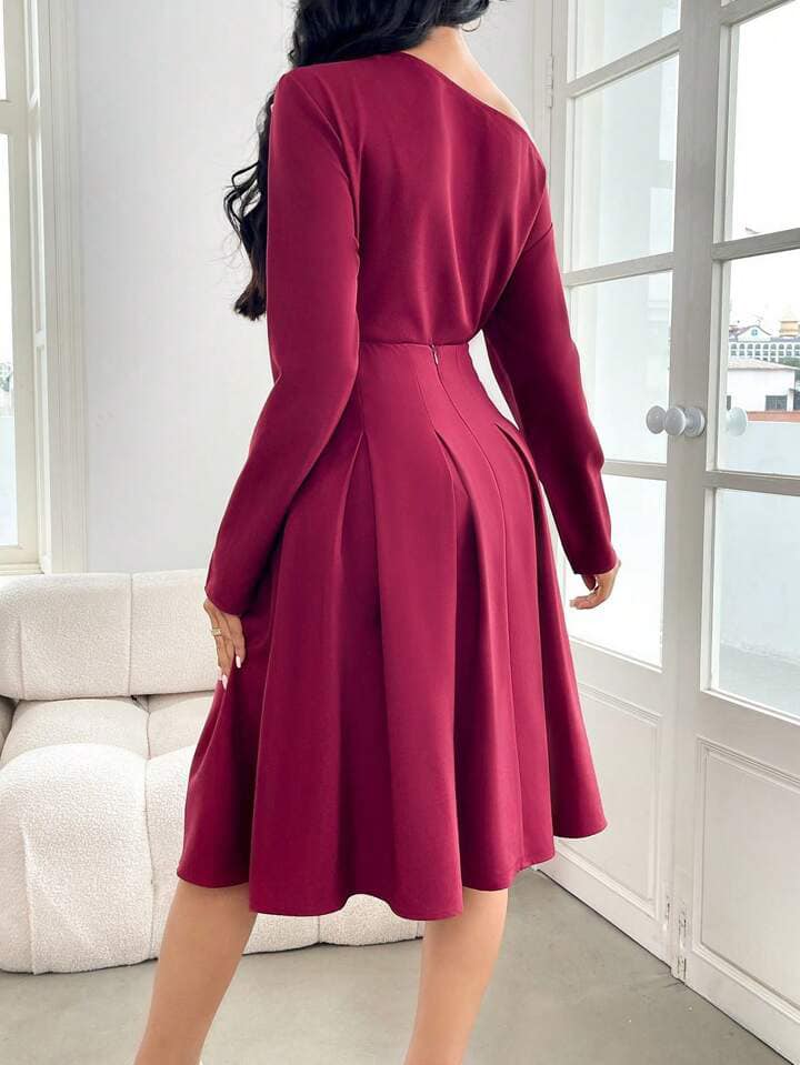 CM-SS800064 Women Elegant Seoul Style Asymmetrical Neckline Long Sleeve Top With High Waist Skirt - Set