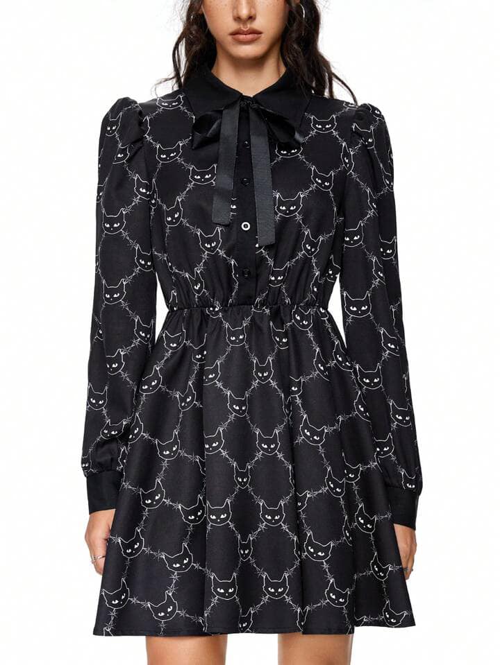 CM-DS821592 Women Elegant Seoul Style Cat-Head Thorns Print Lantern Sleeve Shirt Collar A-Line Dress