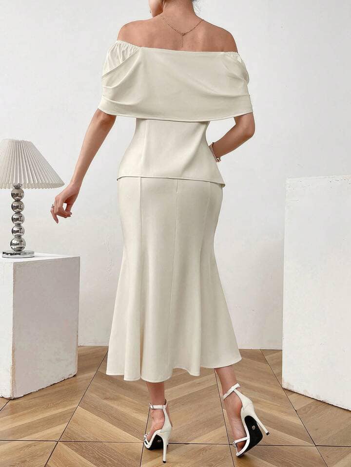 CM-SS181983 Women Elegant Seoul Style Solid Color Minimalist Off Shoulder Top With Midi Skirt - Set