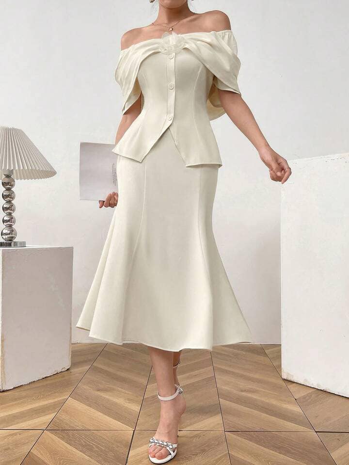 CM-SS181983 Women Elegant Seoul Style Solid Color Minimalist Off Shoulder Top With Midi Skirt - Set