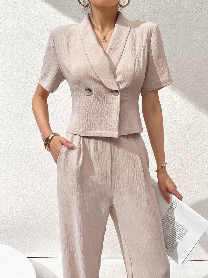 CM-SS209949 Women Casual Seoul Style Solid Color Lapel Short Sleeve Double-Breasted Top With Pleated Pants - Set