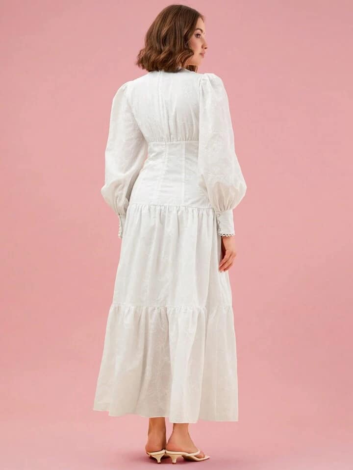 CM-DS463337 Women Elegant Seoul Style Plunging Neck Lantern Sleeve Ruffle Hem Dress - White