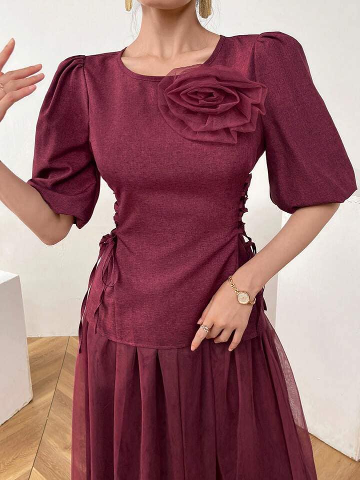 CM-SS173870 Women Casual Seoul Style Round Neck Applique Lace-Up Blouse With Long Skirt - Set