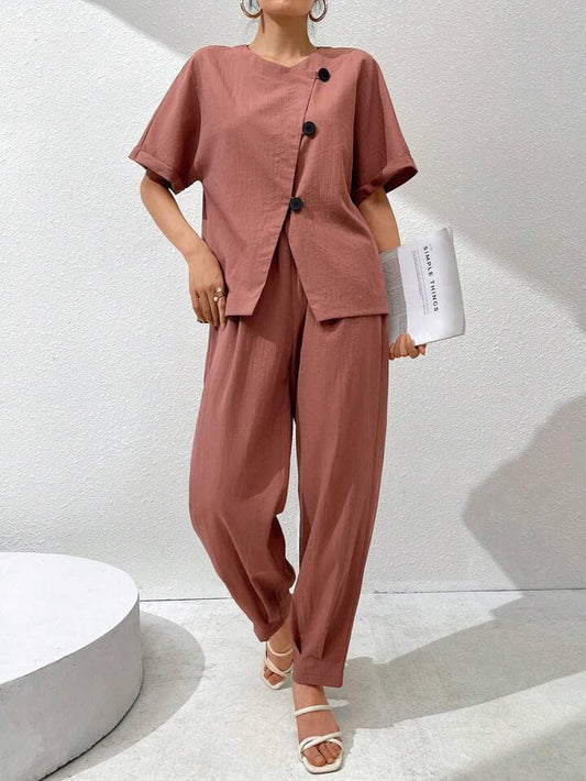 CM-SS529662 Women Casual Seoul Style Round Neck Short Sleeve Button Up Shirt With Long Pants - Set