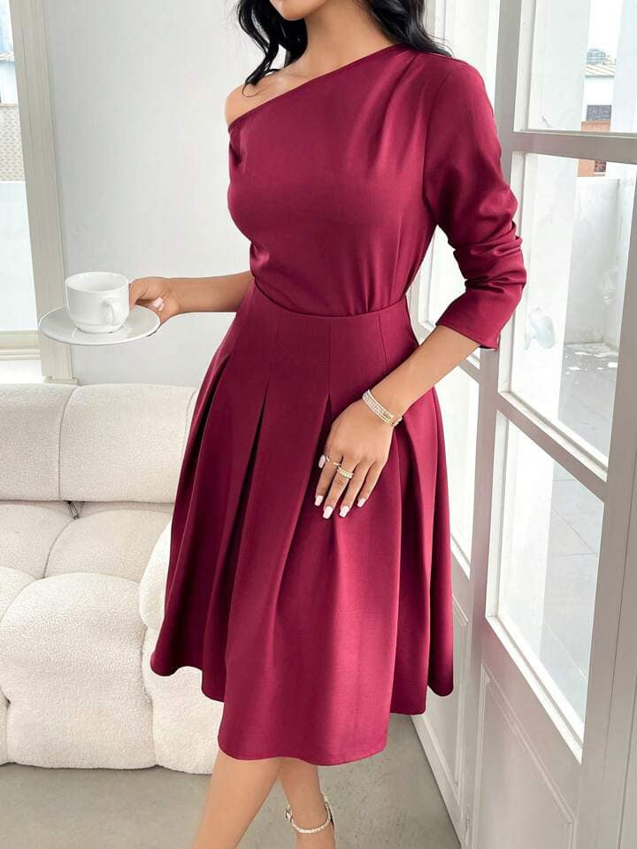 CM-SS800064 Women Elegant Seoul Style Asymmetrical Neckline Long Sleeve Top With High Waist Skirt - Set