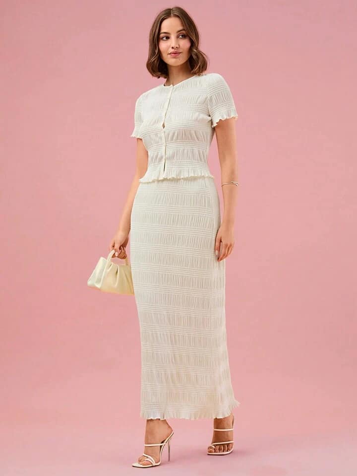 CM-SS639379 Women Elegnat Seoul Style Solid Color Round Neck Short Sleeve Shirt With Maxi Skirt - Set