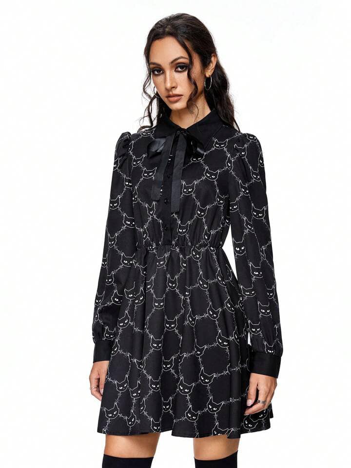 CM-DS821592 Women Elegant Seoul Style Cat-Head Thorns Print Lantern Sleeve Shirt Collar A-Line Dress
