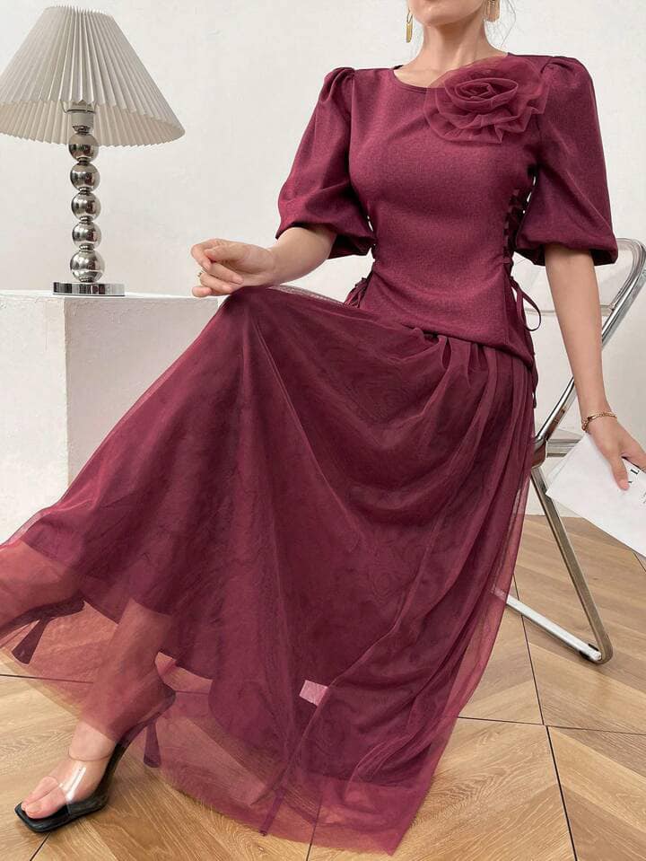 CM-SS173870 Women Casual Seoul Style Round Neck Applique Lace-Up Blouse With Long Skirt - Set