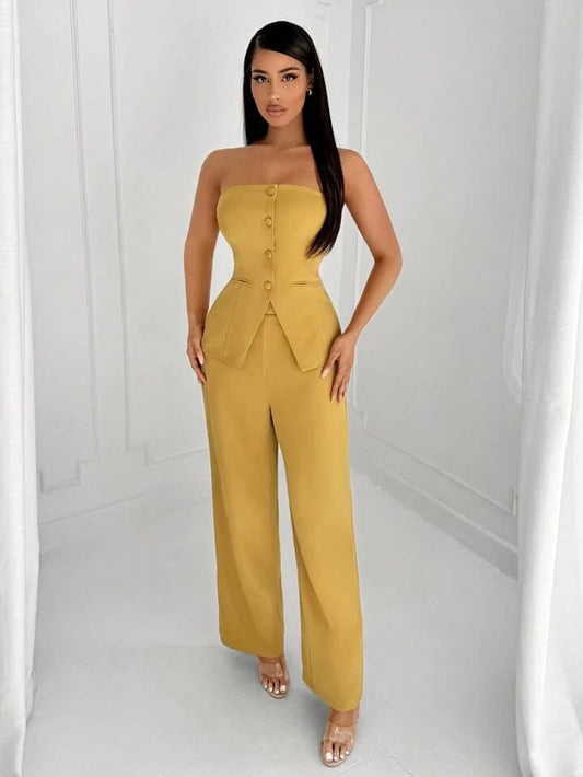 CM-SS797073 Women Elegant Soeul Style Off-Shoulder Suit-Style Top With Straight-Leg Pants - Set