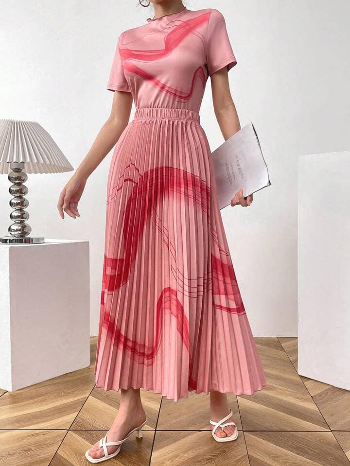 CM-SS700403 Women Casual Seoul Style Marble Print Short Sleeve Top With Long Pleated Skirt - Set