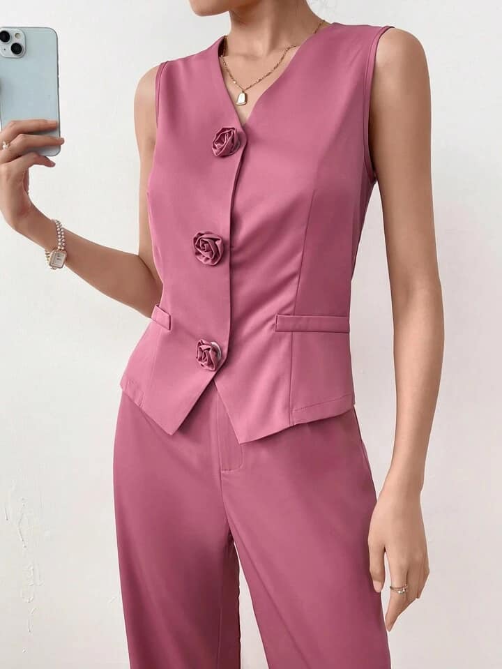 CM-SS185801 Women Elegant Seoul Style Solid Color Sleeveless Top With Long Pants Suit - Hot Pink