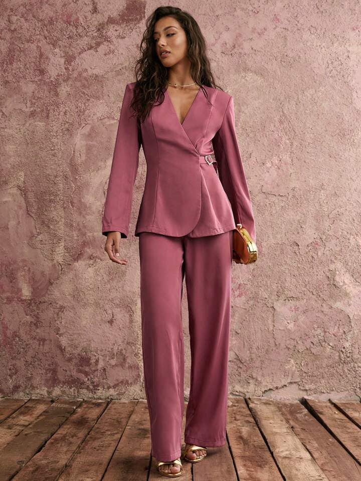 CM-SS757842 Women Elegant Seoul Style Solid Minimalist V-Neck Long Sleeve Blazer With Pants Suit - Set