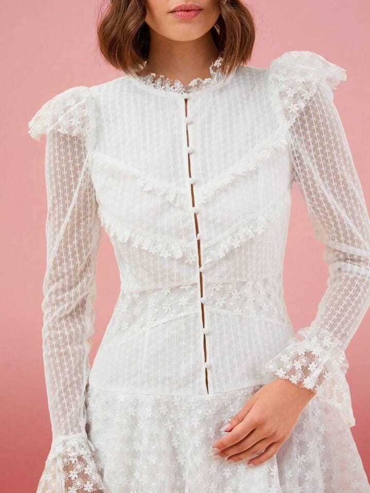 CM-DS228868 Women Elegant Seoul Style Stand Collar Long Sleeve A-Line Mini Dress - White