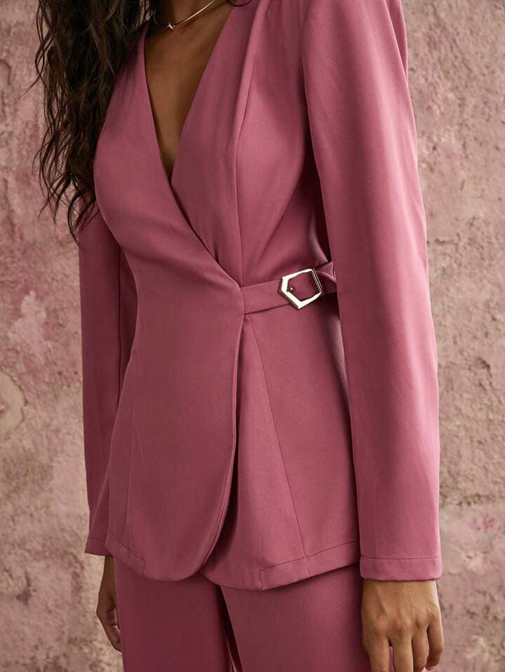 CM-SS757842 Women Elegant Seoul Style Solid Minimalist V-Neck Long Sleeve Blazer With Pants Suit - Set