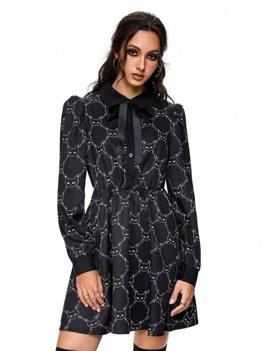 CM-DS821592 Women Elegant Seoul Style Cat-Head Thorns Print Lantern Sleeve Shirt Collar A-Line Dress