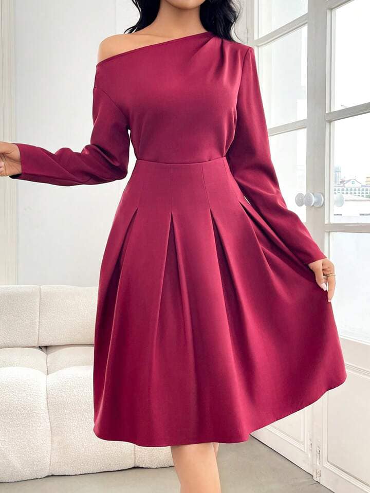 CM-SS800064 Women Elegant Seoul Style Asymmetrical Neckline Long Sleeve Top With High Waist Skirt - Set