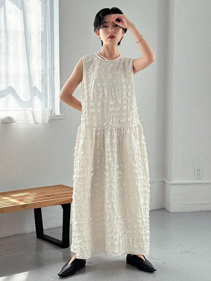 CM-DS445828 Women Trendy Bohemian Style Solid Round Neck Sleeveless Smock Dress - Beige