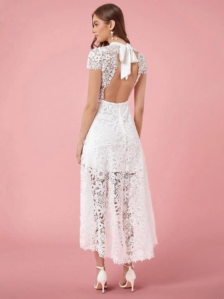 CM-DS280582 Women Elegant Seoul Style Lace Hollow Crew Neck Short Sleeve Long Dress - White
