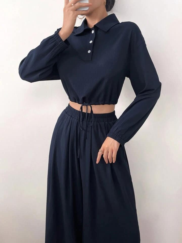 CM-SS399696 Women Casual Seoul Style Dropped Shoulder Long Sleeve Shirt With Elastic Waist Wide Leg Pants - Set