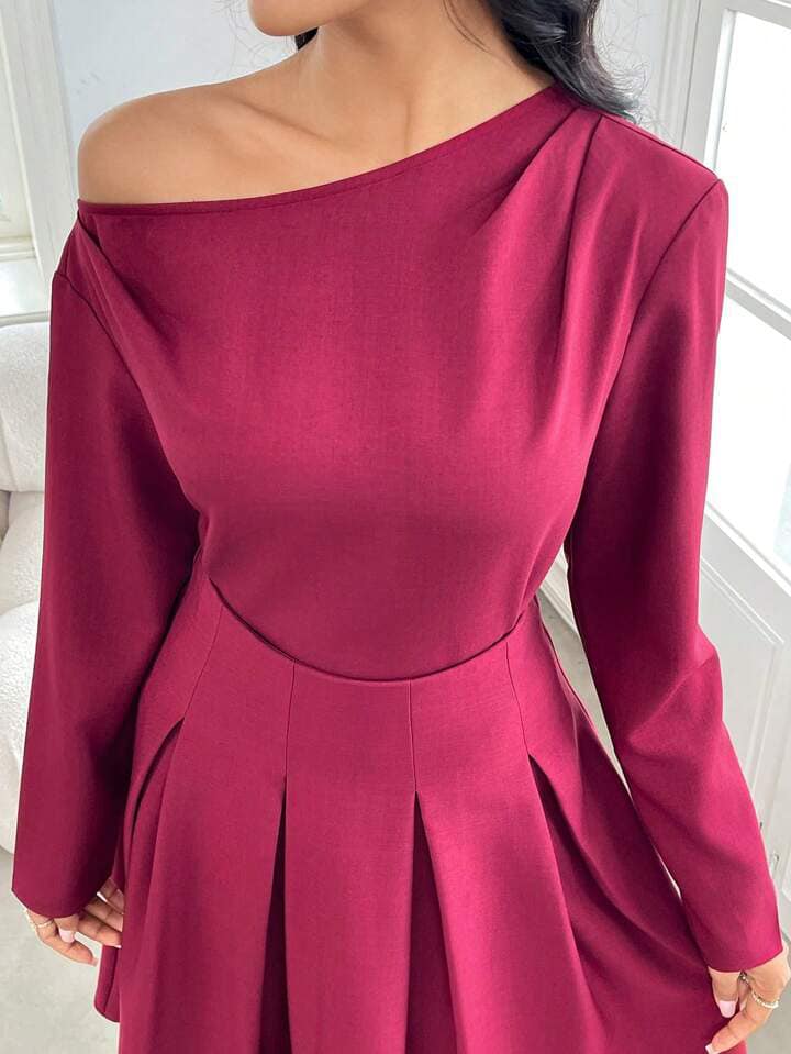 CM-SS800064 Women Elegant Seoul Style Asymmetrical Neckline Long Sleeve Top With High Waist Skirt - Set