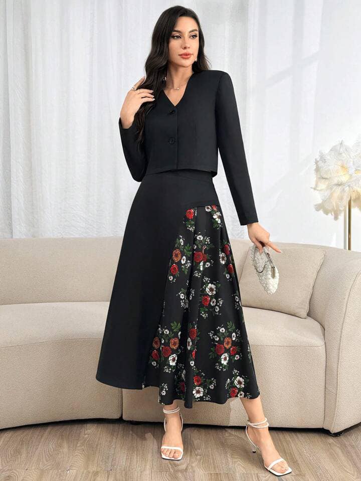 CM-SS230121 Women Elegant Seoul Style V-Neck Long Sleeve Coat With Floral Printed Splice A-Line Skirt - Set