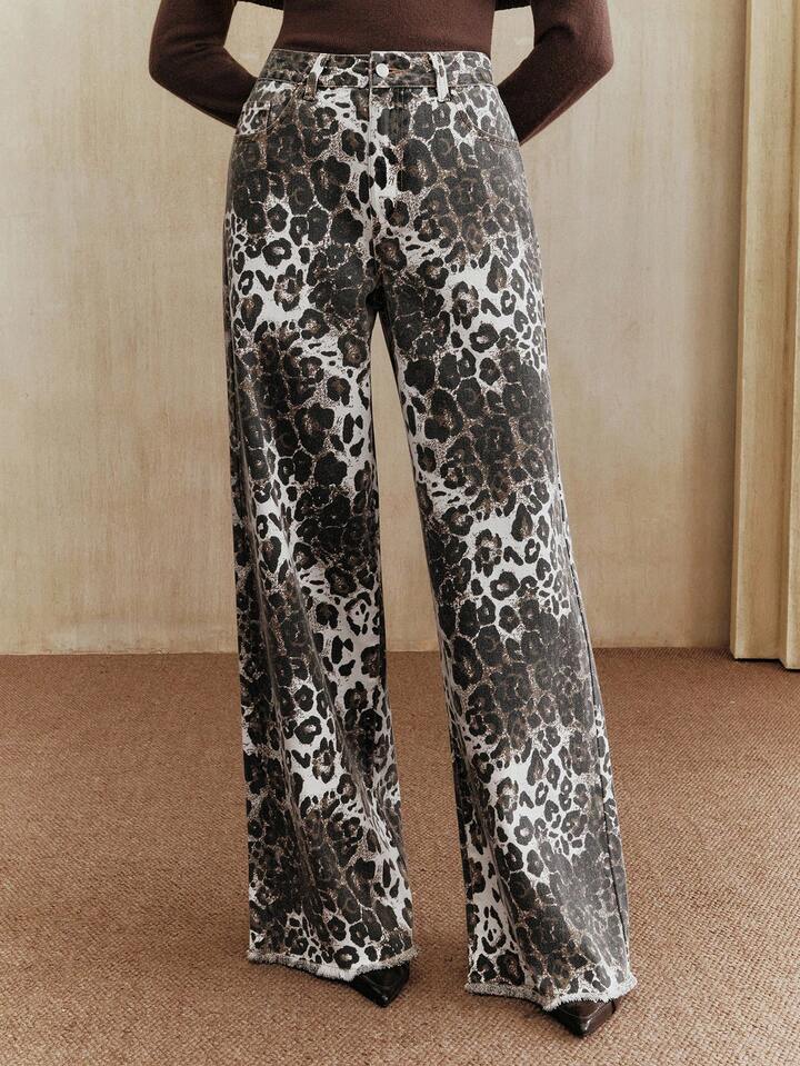 CM-BS966323 Women Casual Seoul Style High Waist Pockets Leopard Print Wide Leg Loose Jeans