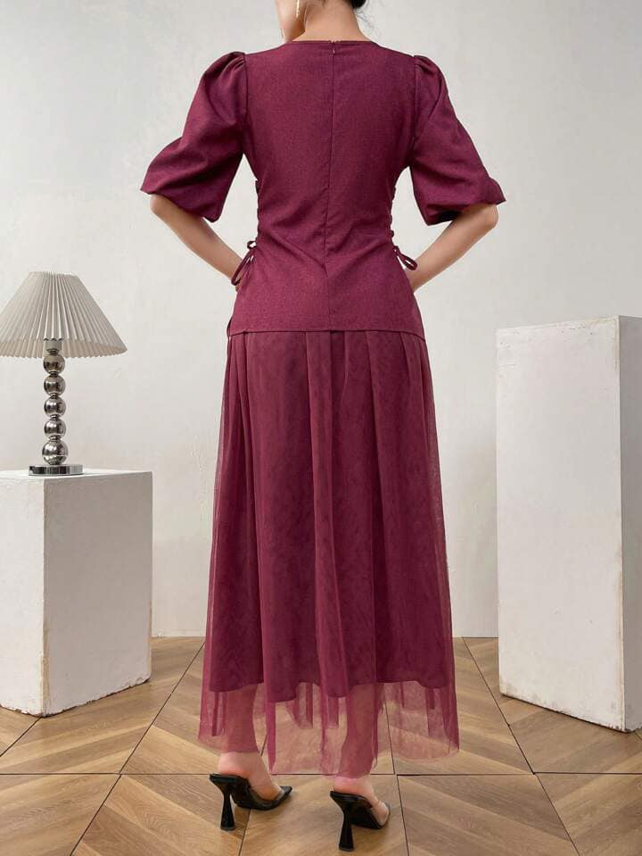 CM-SS173870 Women Casual Seoul Style Round Neck Applique Lace-Up Blouse With Long Skirt - Set