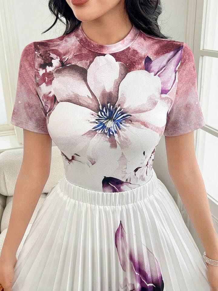 CM-SS644084 Women Casual Seoul Style Round Neck Short Sleeve Floral Print Top With High Waisted Pleated Skirt - Set