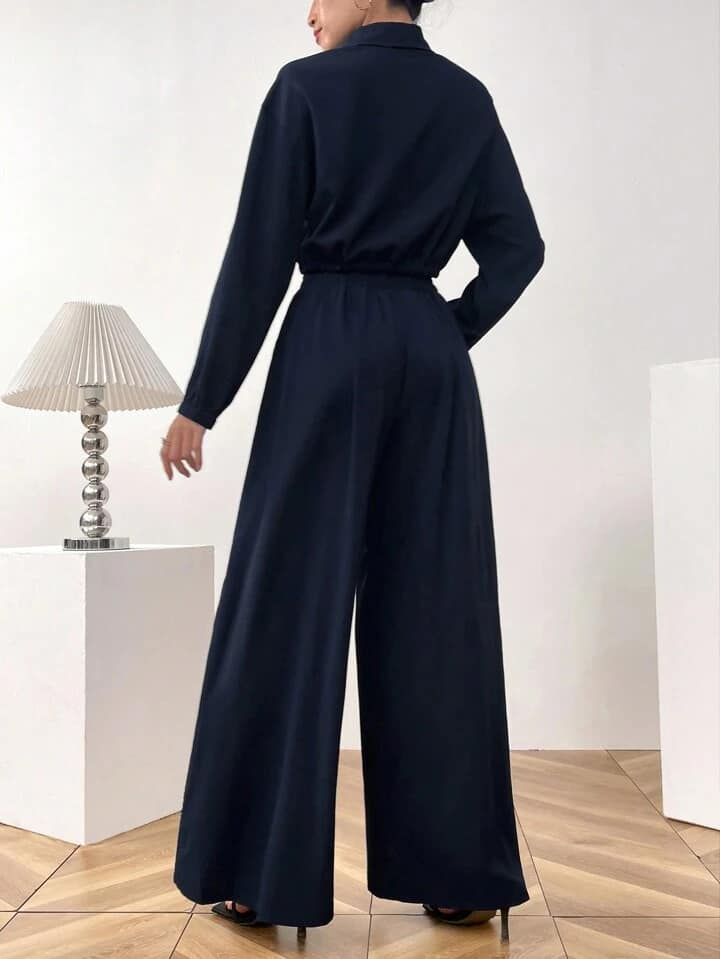 CM-SS399696 Women Casual Seoul Style Dropped Shoulder Long Sleeve Shirt With Elastic Waist Wide Leg Pants - Set