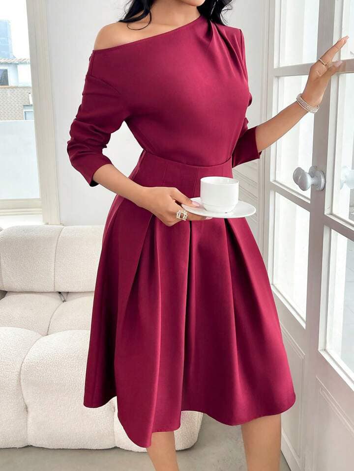 CM-SS800064 Women Elegant Seoul Style Asymmetrical Neckline Long Sleeve Top With High Waist Skirt - Set