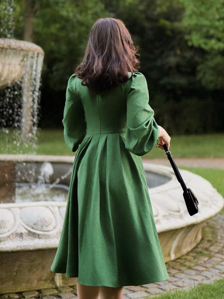 CM-DS422575 Women Elegant Seoul Style V-Neck Knot Puff Sleeve Long Sleeve A-Line Dress - Green